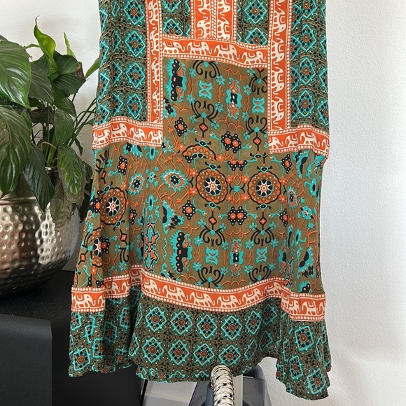 Tolani Boho Reva Silk Mini Dress Sz S peasant Elephant Festival V neck - Picture 4 of 8
